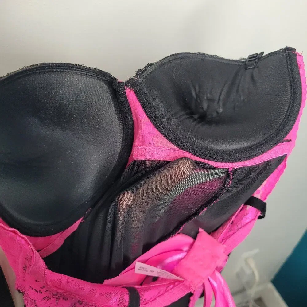 Native Intimates pink black semi sheer lace ruffle bimbocore scene queen bra 36b